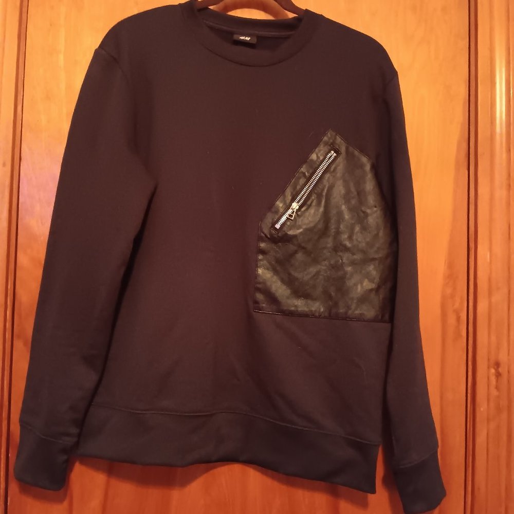 H&M Pullover Sweatshirt with Faux Leather Zippered Pocket Accent Black Men's Med